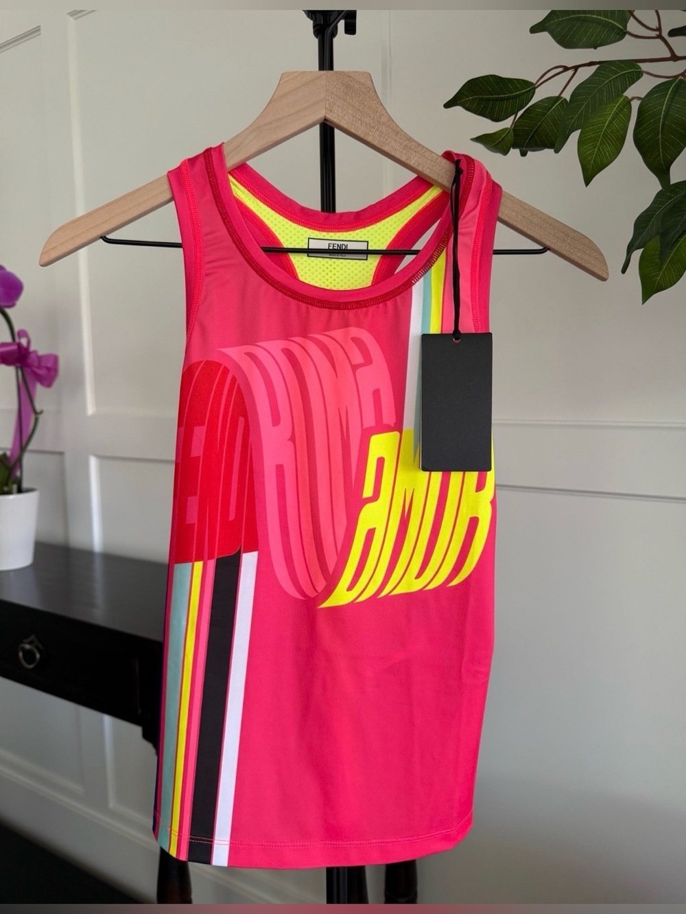 Fendi Roma Amor Logo Tank Top‎ Neon Pink Multicolor IT 38 NWT